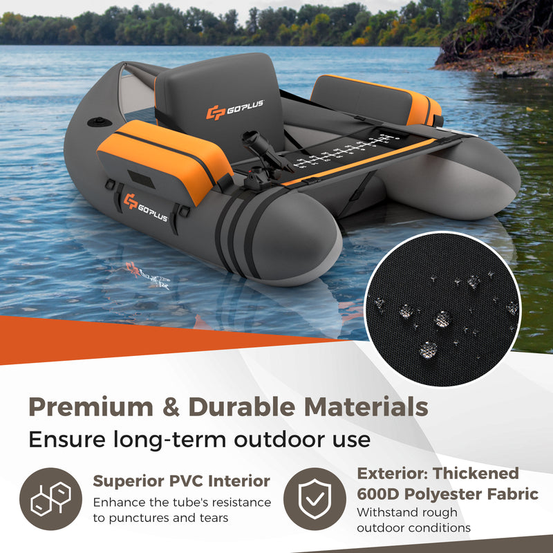 *Inflatable Fishing Float Tube with Fish Ruler and Pump Storage Pockets - Gray
