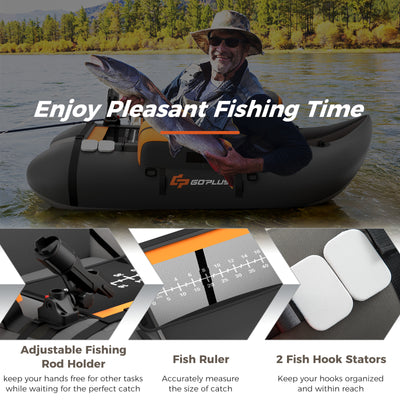 *Inflatable Fishing Float Tube with Fish Ruler and Pump Storage Pockets - Gray