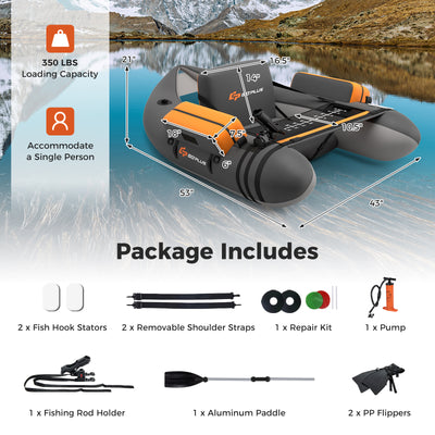 *Inflatable Fishing Float Tube with Fish Ruler and Pump Storage Pockets - Gray