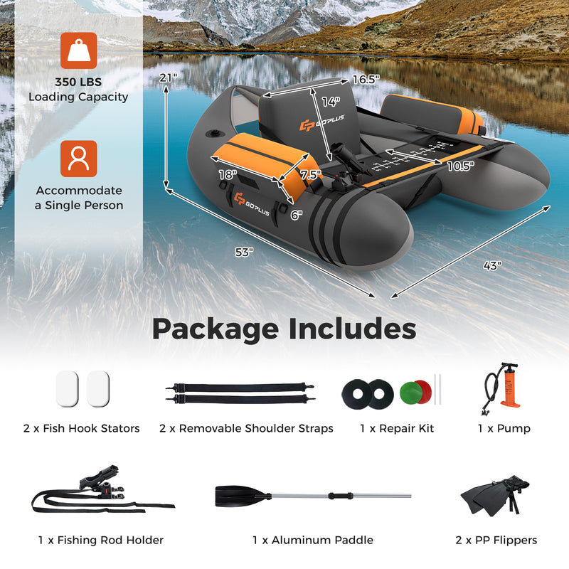 *Inflatable Fishing Float Tube with Fish Ruler and Pump Storage Pockets - Gray