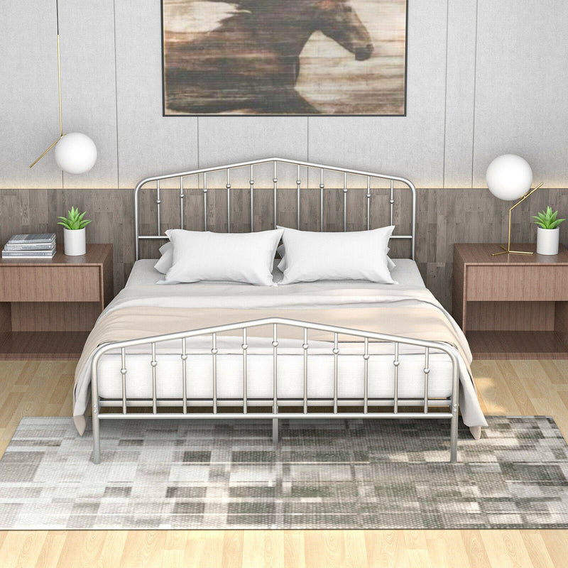 Queen Size Metal Bed Frame Platform Headboard and Footboard with Storage-Silver