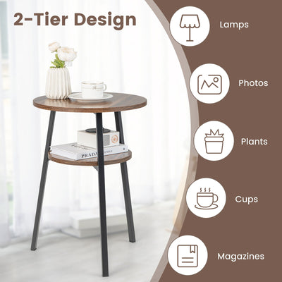 2-Tier Round End Table with Open Shelf and Triangular Metal Frame-Brown