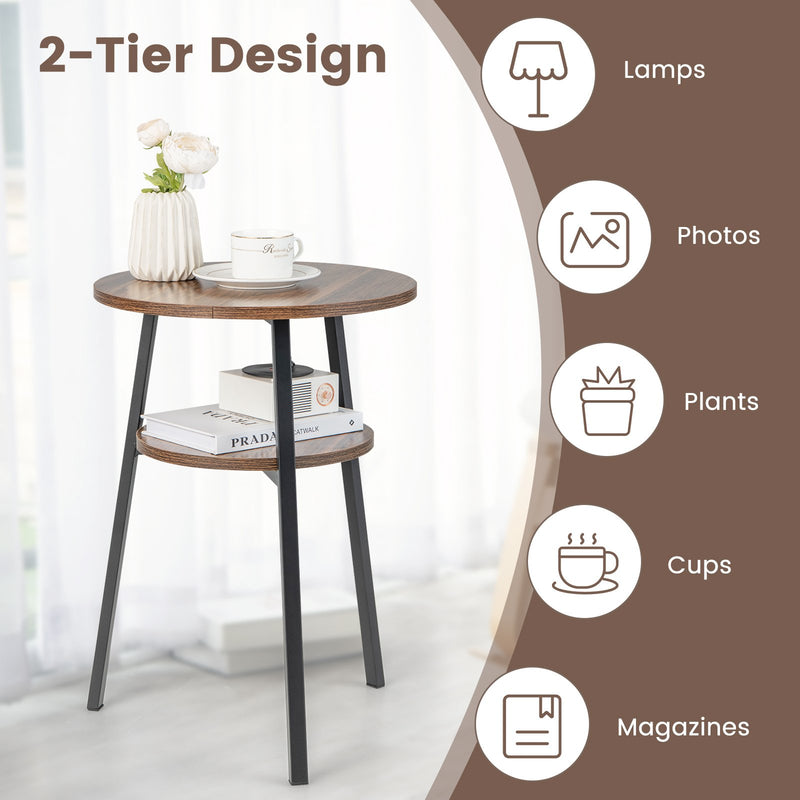 2-Tier Round End Table with Open Shelf and Triangular Metal Frame-Brown