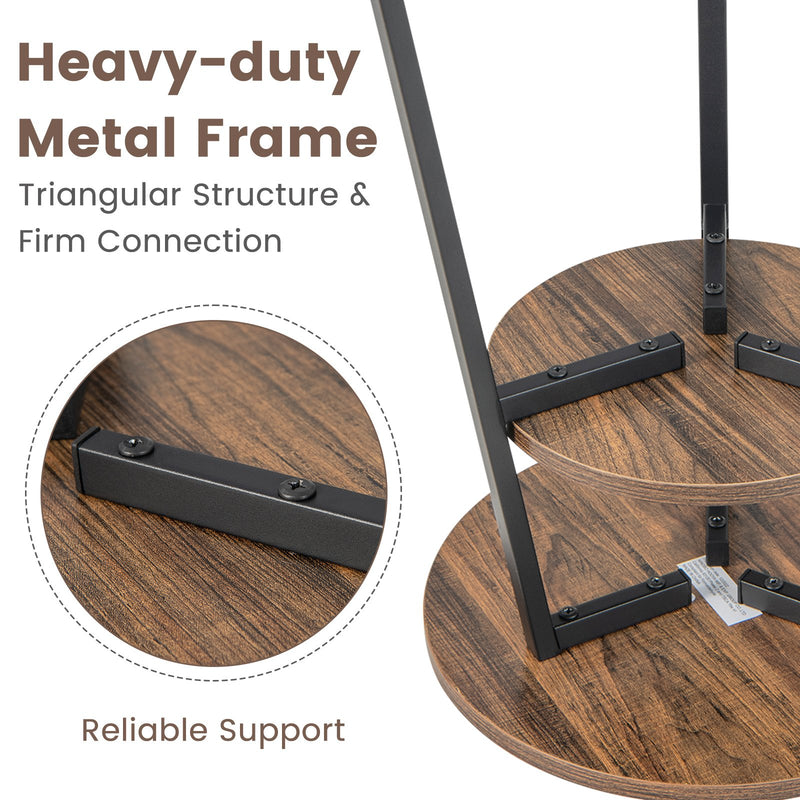 2-Tier Round End Table with Open Shelf and Triangular Metal Frame-Brown