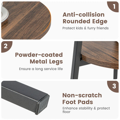 2-Tier Round End Table with Open Shelf and Triangular Metal Frame-Brown