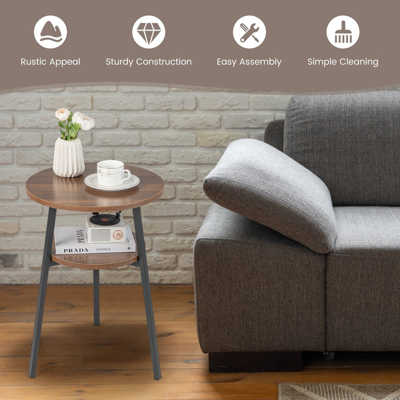 2-Tier Round End Table with Open Shelf and Triangular Metal Frame-Walnut