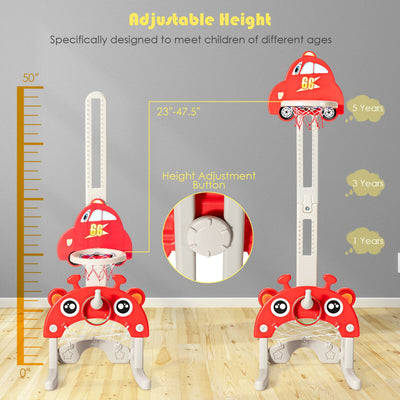 3-in-1 Basketball Hoop for Kids Adjustable Height Playset with Balls-Red