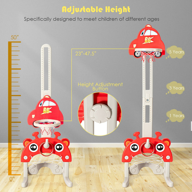 3-in-1 Basketball Hoop for Kids Adjustable Height Playset with Balls-Red