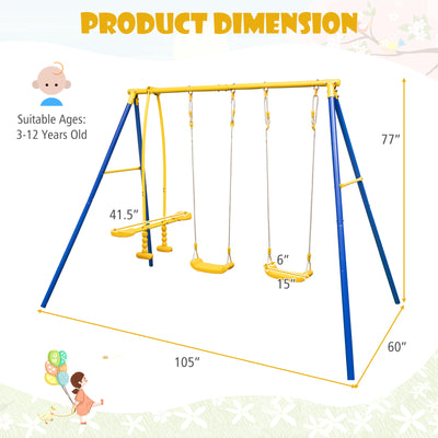 Metal Swing Set for Backyard with 2 Swing Seats and 2 Glider Seats-Blue
