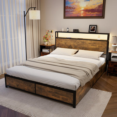 *Full/Queen Size Bed Frame with Smart LED Lights and Storage Drawers - Queen Size