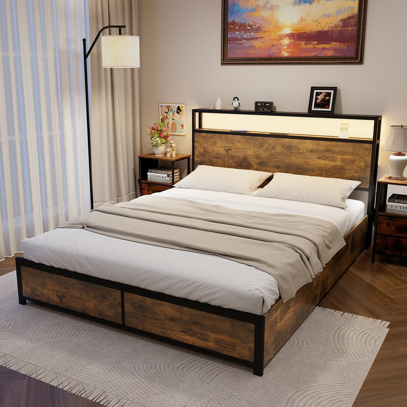 *Full/Queen Size Bed Frame with Smart LED Lights and Storage Drawers - Queen Size