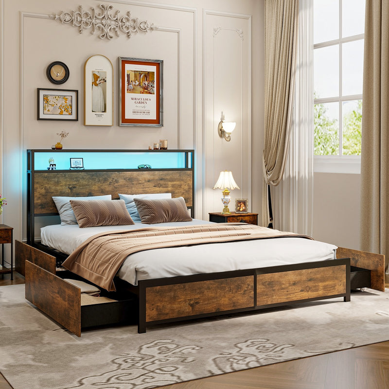 *Full/Queen Size Bed Frame with Smart LED Lights and Storage Drawers - Queen Size