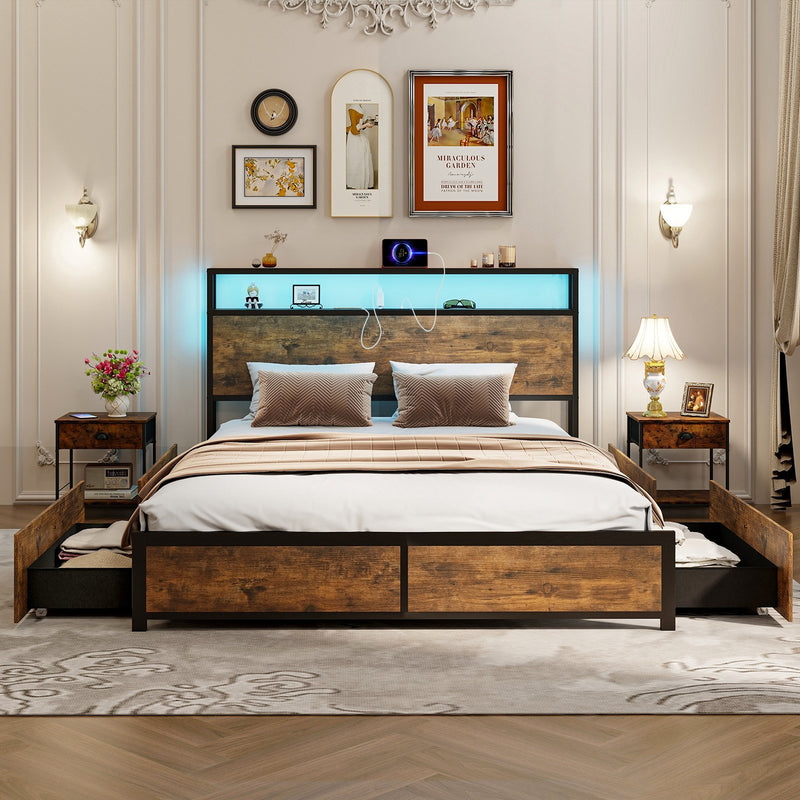 *Full/Queen Size Bed Frame with Smart LED Lights and Storage Drawers - Queen Size