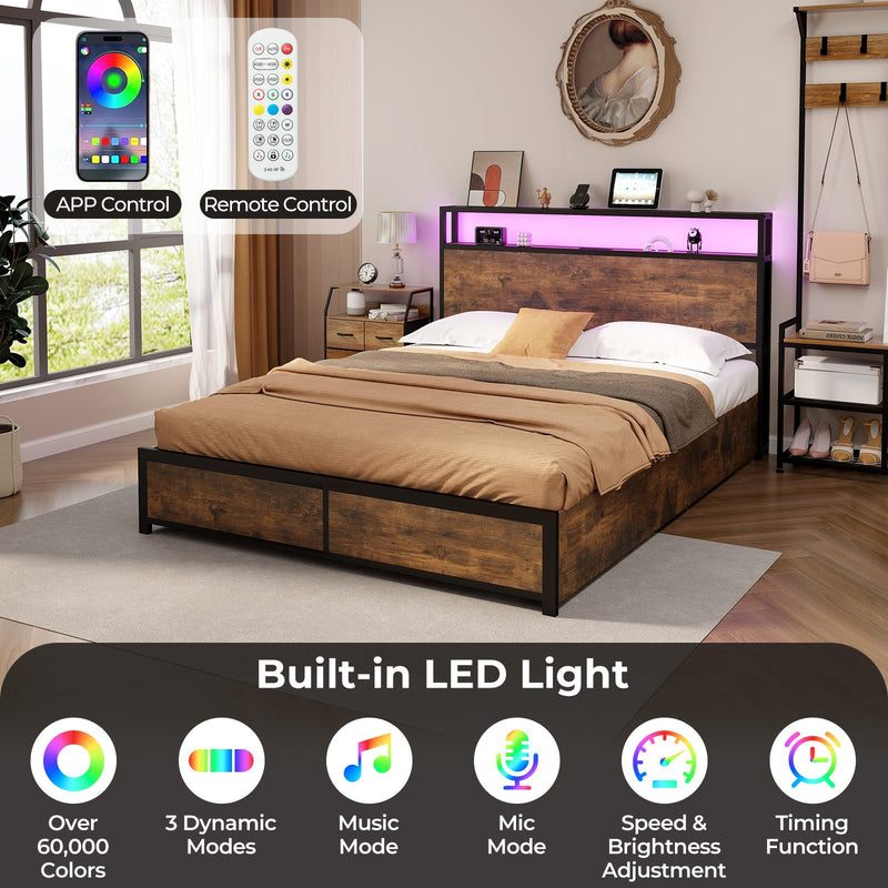 *Full/Queen Size Bed Frame with Smart LED Lights and Storage Drawers - Queen Size