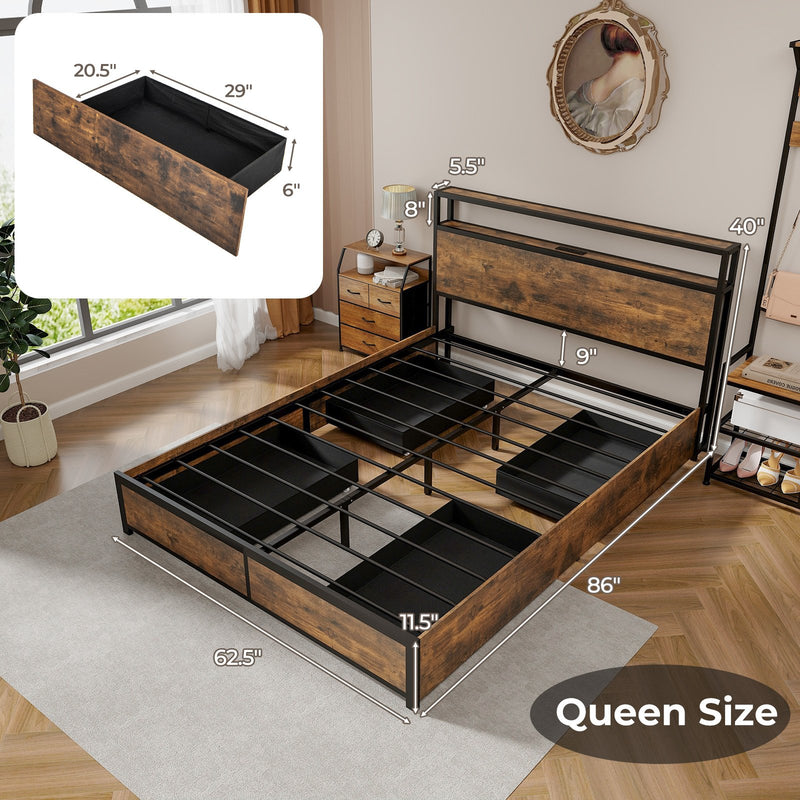 *Full/Queen Size Bed Frame with Smart LED Lights and Storage Drawers - Queen Size