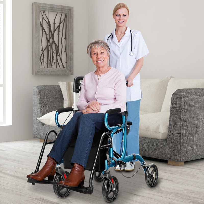 *2-in-1 Folding Rollator Walker Transport Wheelchair with Seat and Reversible Backrest - Navy