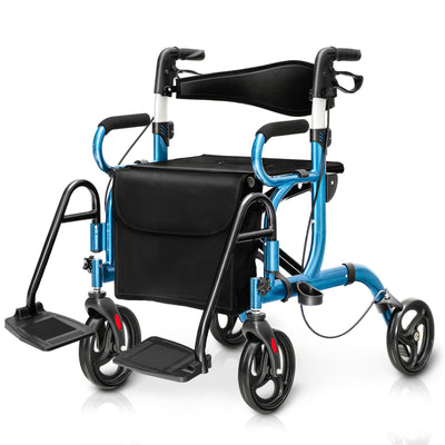 *2-in-1 Folding Rollator Walker Transport Wheelchair with Seat and Reversible Backrest - Navy