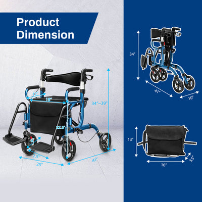 *2-in-1 Folding Rollator Walker Transport Wheelchair with Seat and Reversible Backrest - Navy