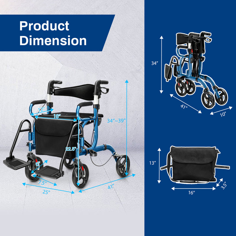*2-in-1 Folding Rollator Walker Transport Wheelchair with Seat and Reversible Backrest - Navy