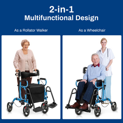 *2-in-1 Folding Rollator Walker Transport Wheelchair with Seat and Reversible Backrest - Navy