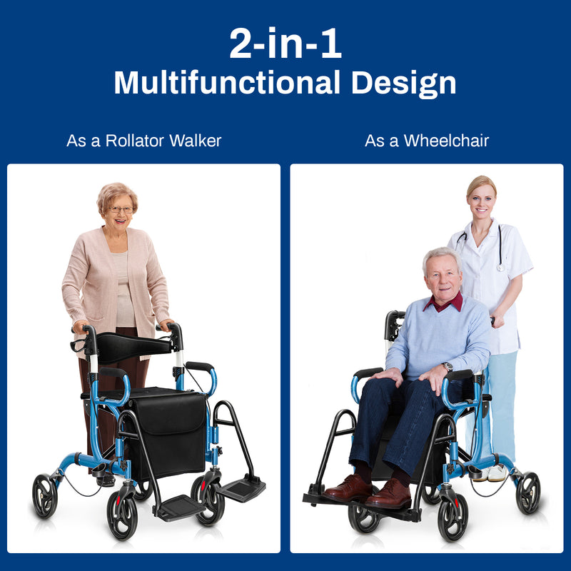 *2-in-1 Folding Rollator Walker Transport Wheelchair with Seat and Reversible Backrest - Navy