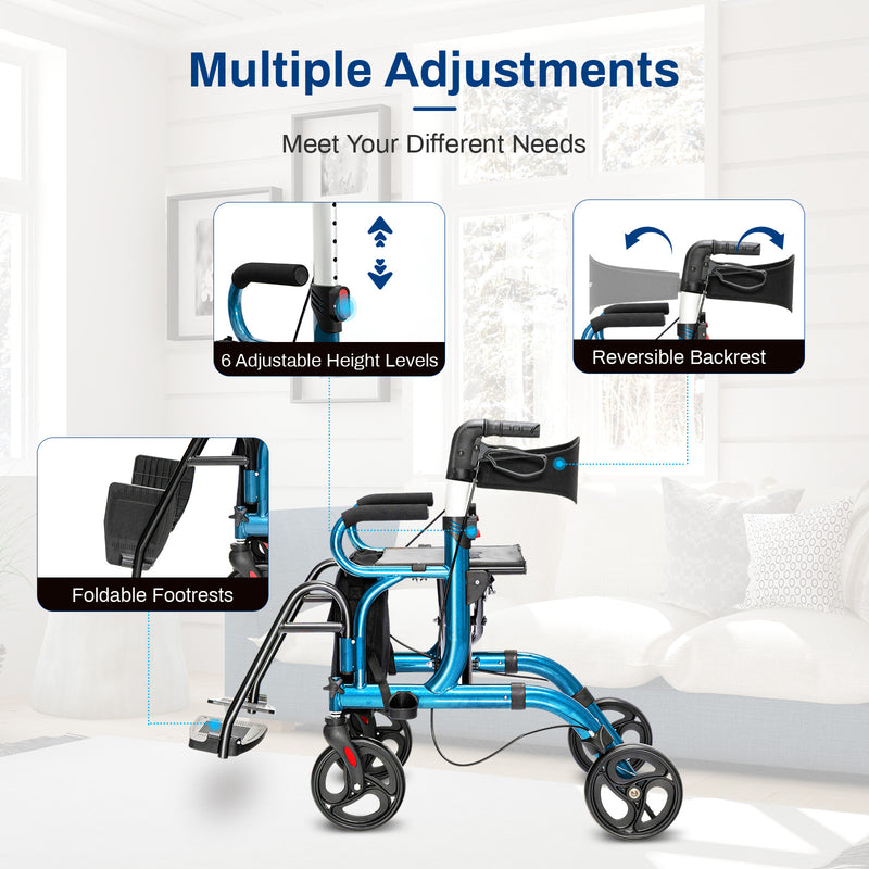 *2-in-1 Folding Rollator Walker Transport Wheelchair with Seat and Reversible Backrest - Navy