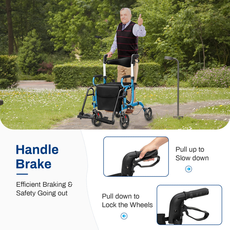 *2-in-1 Folding Rollator Walker Transport Wheelchair with Seat and Reversible Backrest - Navy