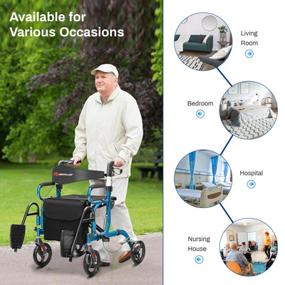 *2-in-1 Folding Rollator Walker Transport Wheelchair with Seat and Reversible Backrest - Navy