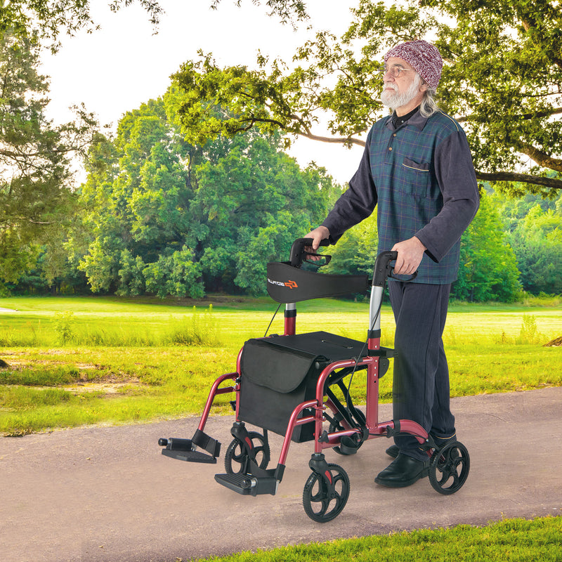 *2 in 1 Rollator Walker Aluminum Walking Aid Assistant with Storage Space - Red