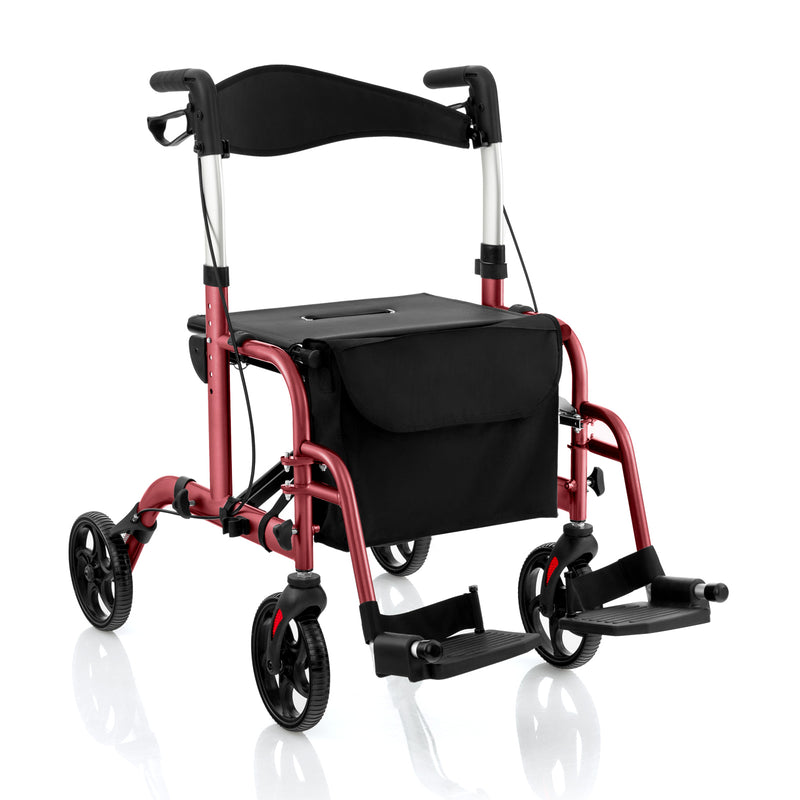 *2 in 1 Rollator Walker Aluminum Walking Aid Assistant with Storage Space - Red