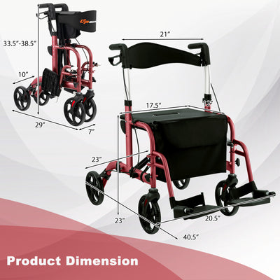 *2 in 1 Rollator Walker Aluminum Walking Aid Assistant with Storage Space - Red