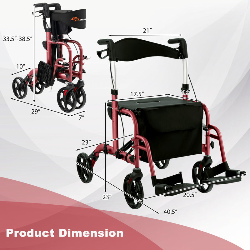*2 in 1 Rollator Walker Aluminum Walking Aid Assistant with Storage Space - Red