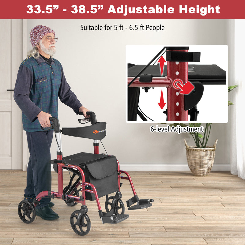 *2 in 1 Rollator Walker Aluminum Walking Aid Assistant with Storage Space - Red