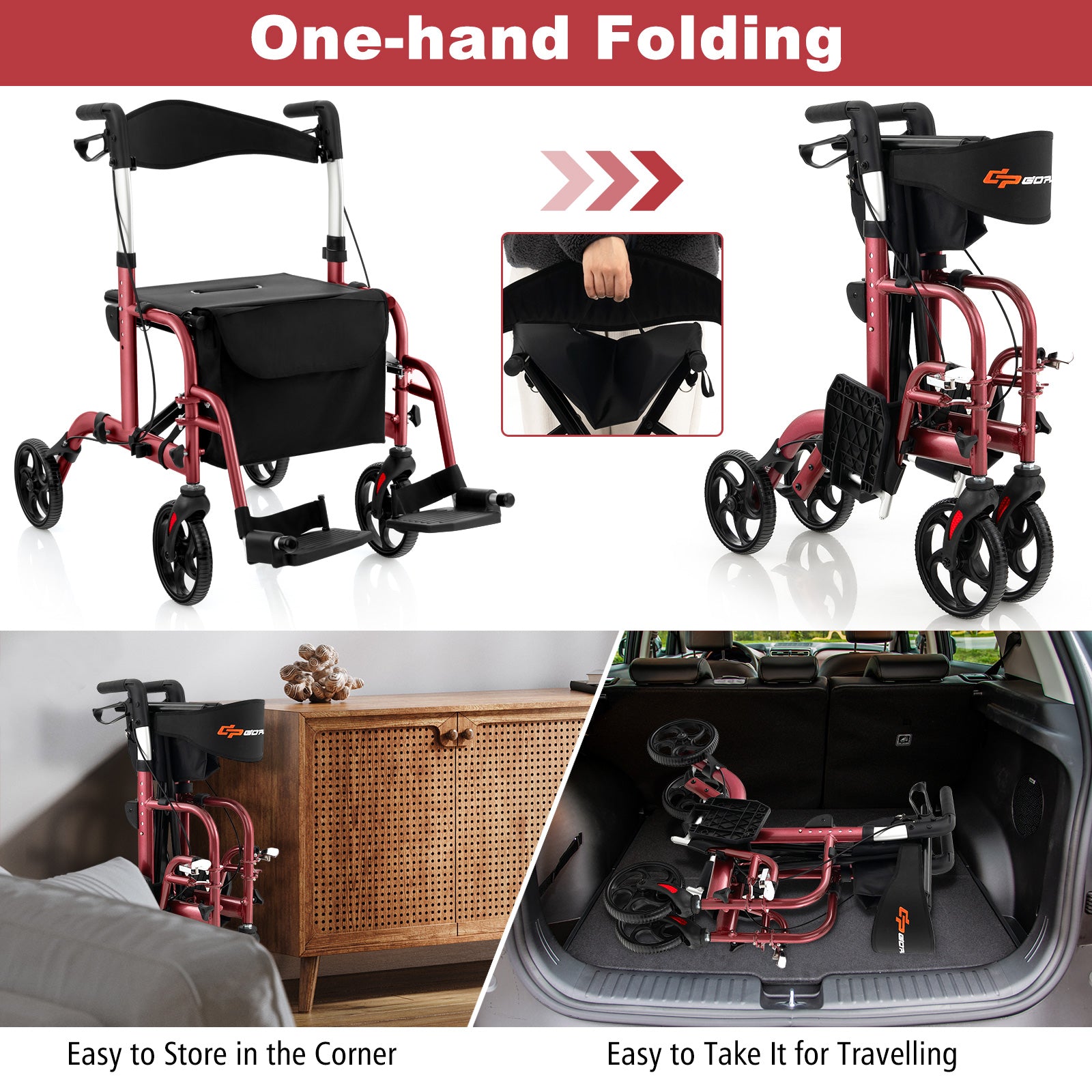 2-in-1 Adjustable Folding Handle Rollator Walker with Storage Space-Re