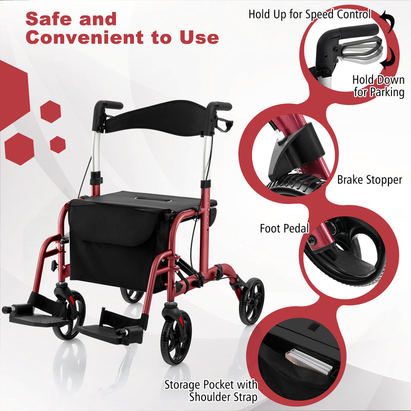 *2 in 1 Rollator Walker Aluminum Walking Aid Assistant with Storage Space - Red