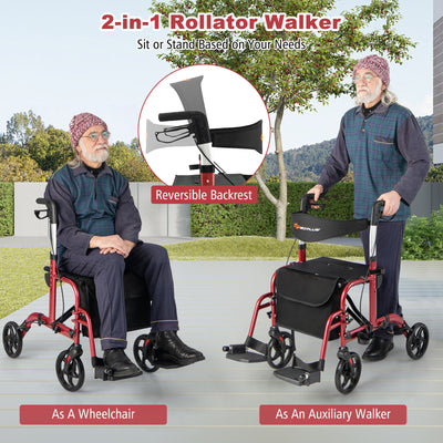 *2 in 1 Rollator Walker Aluminum Walking Aid Assistant with Storage Space - Red