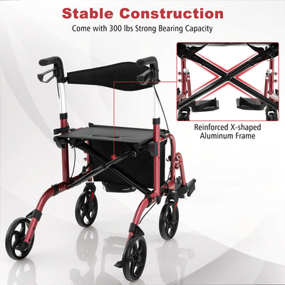 *2 in 1 Rollator Walker Aluminum Walking Aid Assistant with Storage Space - Red