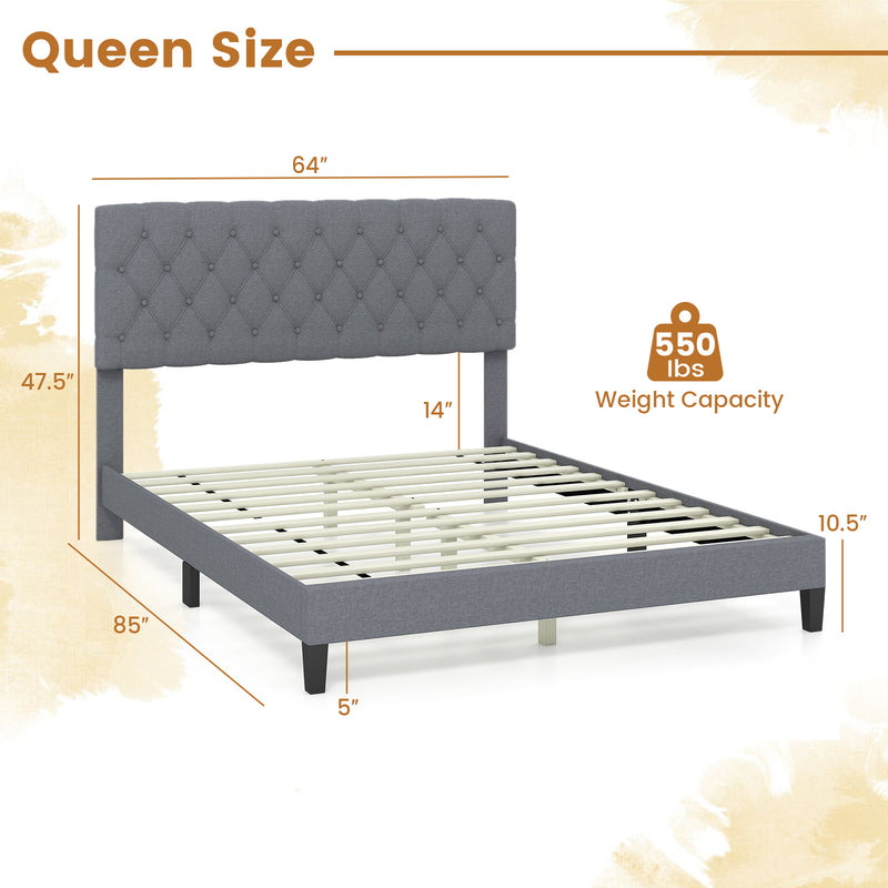 Queen Size Upholstered Platform Bed with Button Tufted Headboard-Gray