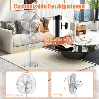 16 Inch Pedestal Standing Fan Oscillating Pedestal Fan with 3 Speeds and Adjustable Height-Silver