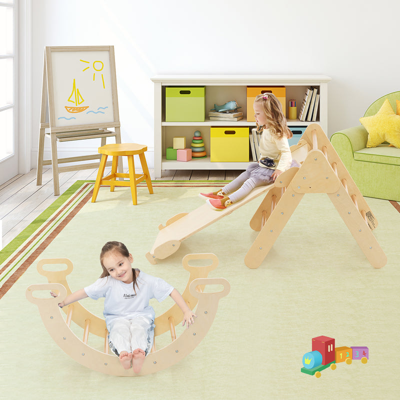 2-in-1 Wooden Kids Climber Toys with Triangle Arch Ramp-Natural