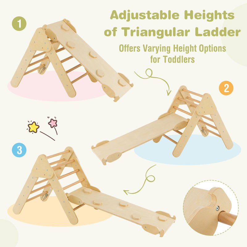 2-in-1 Wooden Kids Climber Toys with Triangle Arch Ramp-Natural