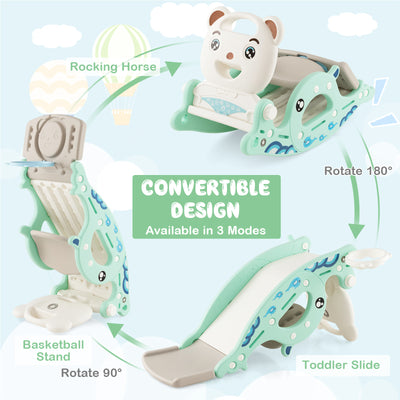 4-in-1 Kids Slide Rocking Horse with Basketball and Ring Toss-Green