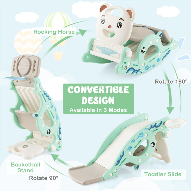 4-in-1 Kids Slide Rocking Horse with Basketball and Ring Toss-Green
