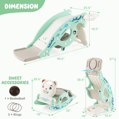 4-in-1 Kids Slide Rocking Horse with Basketball and Ring Toss-Green