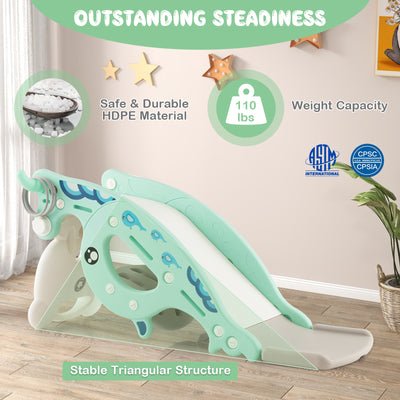 4-in-1 Kids Slide Rocking Horse with Basketball and Ring Toss-Green