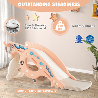 4-in-1 Kids Slide Rocking Horse with Basketball and Ring Toss-Pink