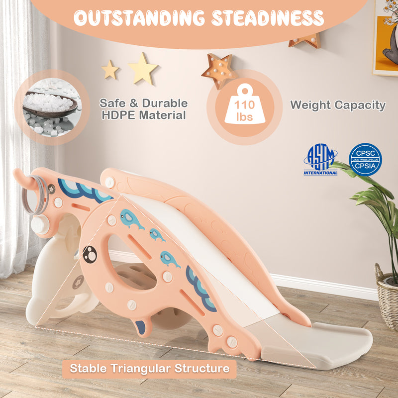 4-in-1 Kids Slide Rocking Horse with Basketball and Ring Toss-Pink