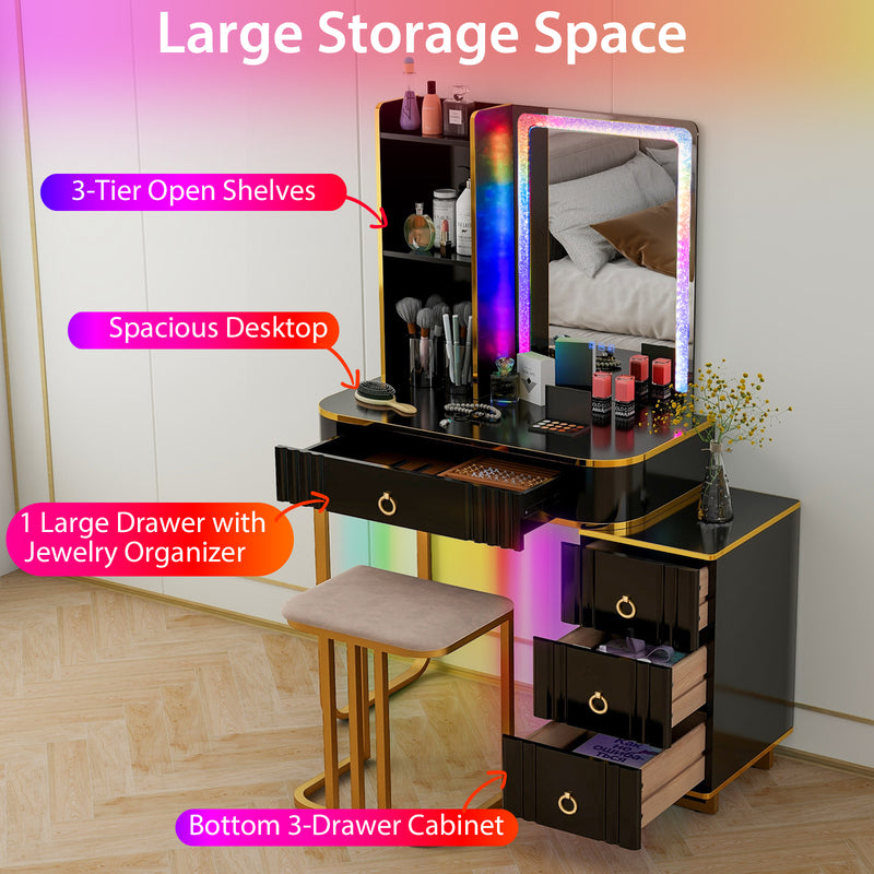 Vanity Table Set with RGB LED Lights and Wireless Charging Station-Black