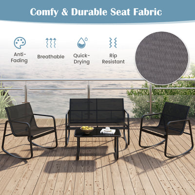 4 Piece Patio Rocking Set with Glass-Top Table-Black