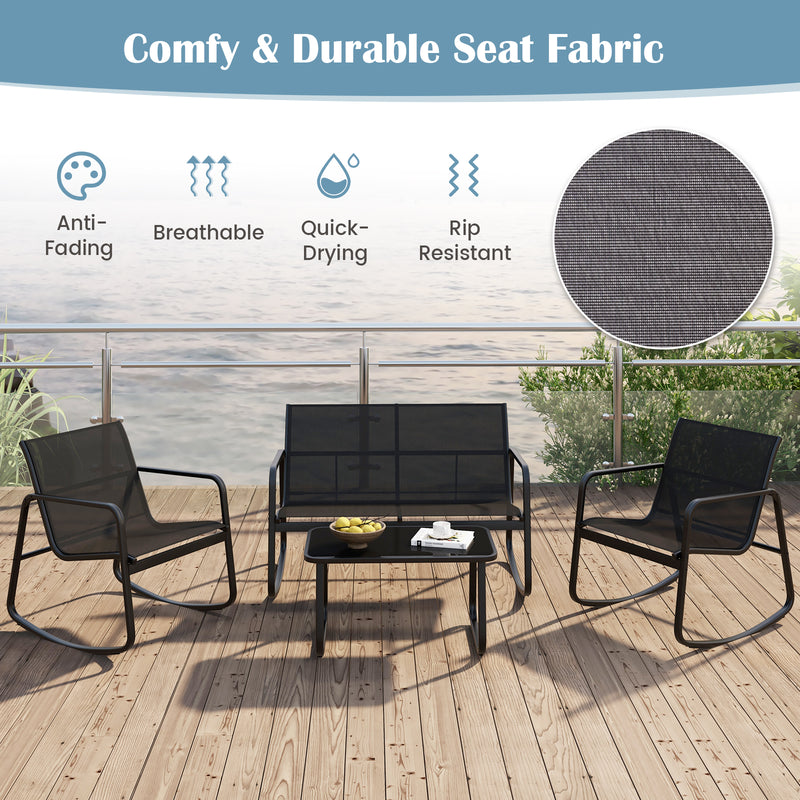4 Piece Patio Rocking Set with Glass-Top Table-Black